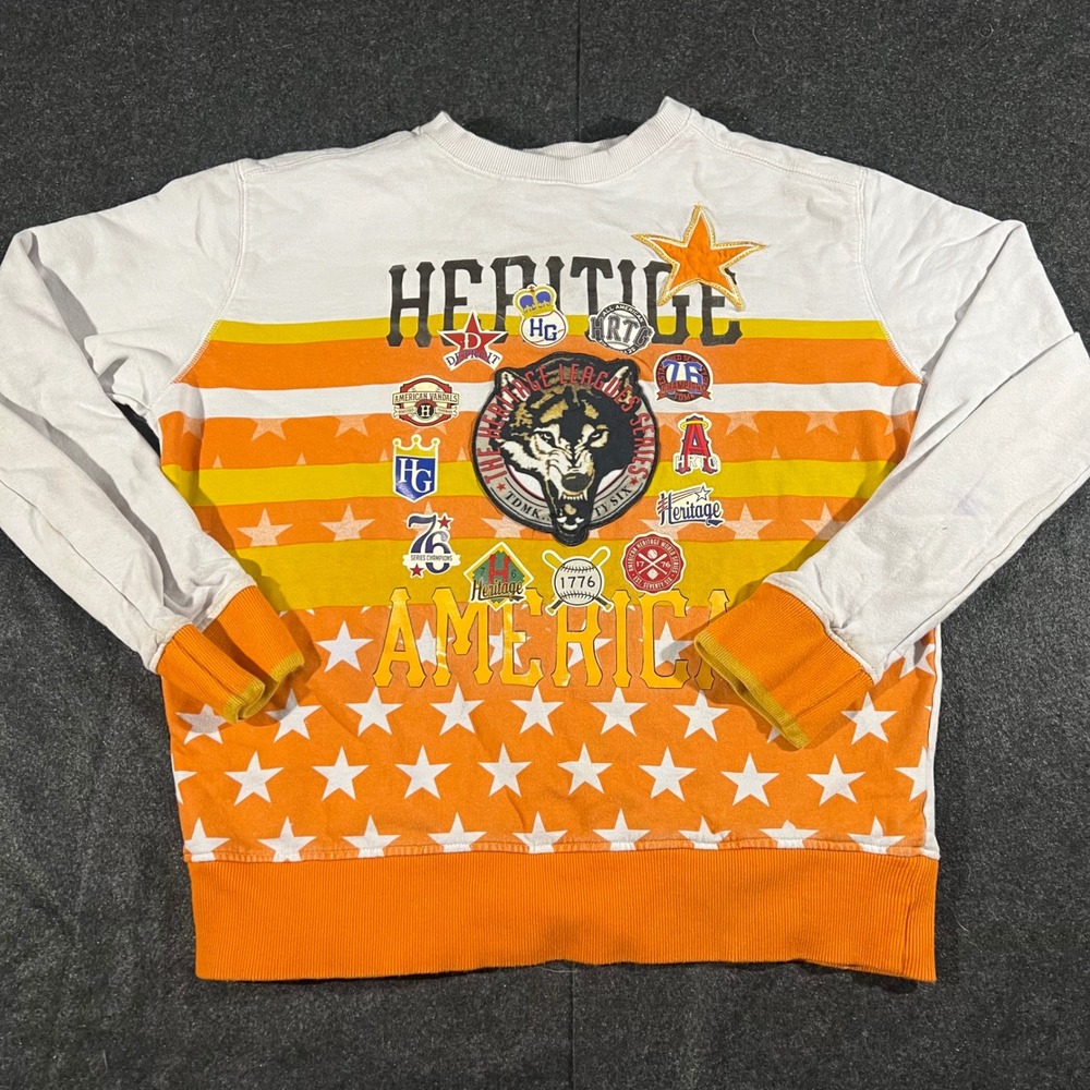 Heritage America Sweatshirt Womens Large White Orange Wolf Graphic Stars Stripes